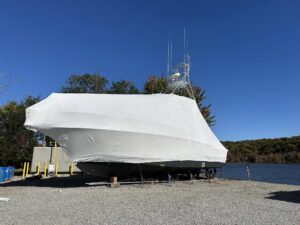 a boat shrinkwrapped for the winter in connecticut
